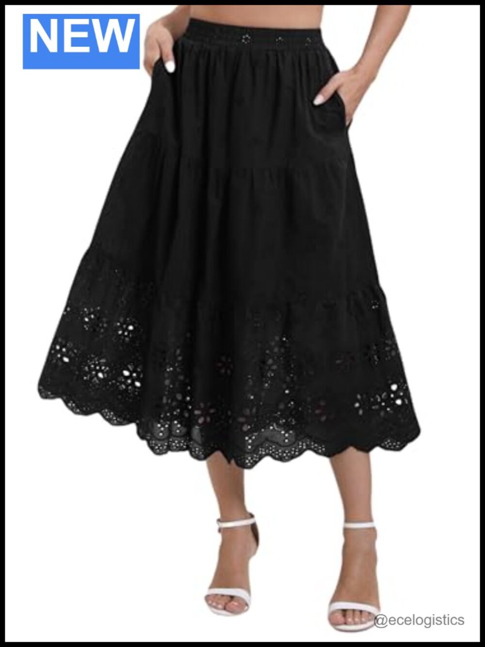 Boho High Waist A-Line Elastic Waist Embroidered Lace Midi Skirt